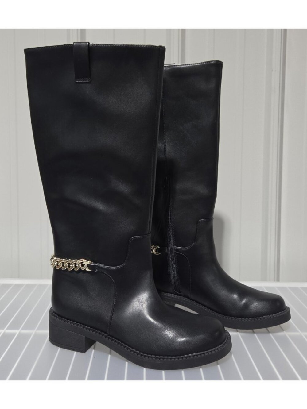 A New Day Bobbi Black Faux Leather Mid Calf Riding Boots w/ Gold Band - Size 7